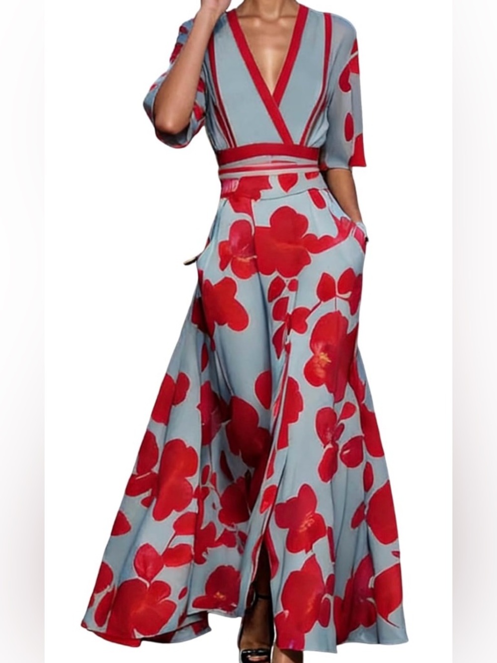 Red Floral Maxi Dress with Grey-Blue Background